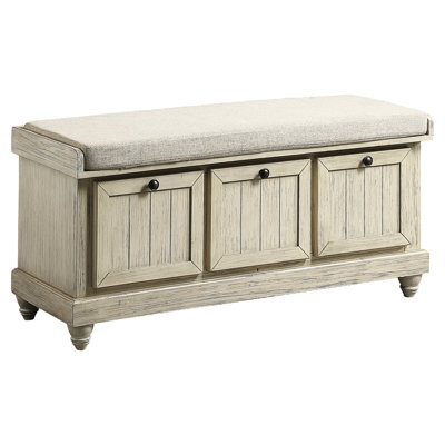 White Distressed Storage Bench With Foam Seat Cushion And Solid Wood Flip-Top Textured Upholstery