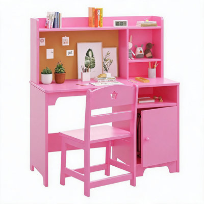 Kids' Study Desk and Chair Set with Hutch & Storage Cabinet – Wooden Student Computer Workstation – Ideal for Boys & Girls' Bedroom or Study Room – Pink