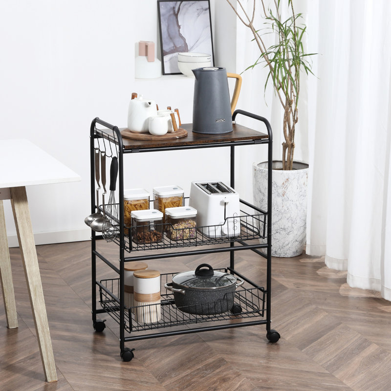 Chariot rustique à 3 niveaux pour la cuisine. Avec 2 glissières, crochets latéraux, roulettes, rangement polyvalent dans la cuisine, la salle à manger et le salon. Avec