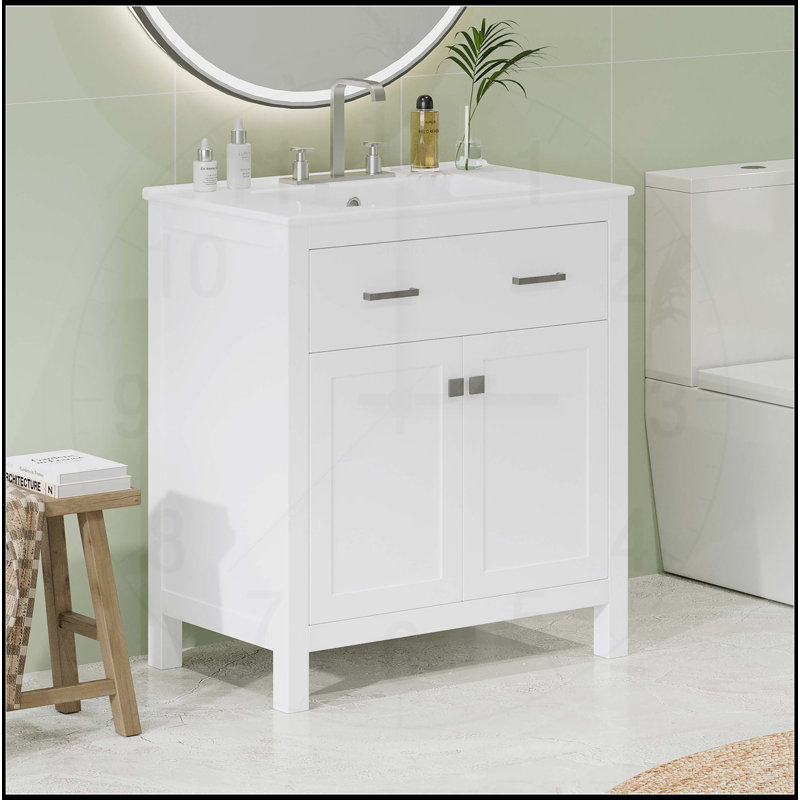 Meuble-lavabo moderne avec lavabo en céramique et options de rangement polyvalentes, Blanc, Argent