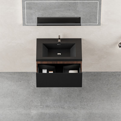 Ensemble de meuble-lavabo flottant 30 po avec lavabo, meuble de rangement mural moderne à rayures avec tiroirs à fermeture en douceur et cuve à quartz noir