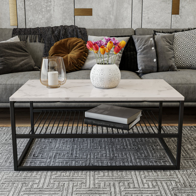 Modern Coffee Table with Marble Finish, White & Black, 37.4 x 16.5 x 21.7 Inches | 100% Melamine Coated Particle Board, Thickness: 0.7 Inches | Electrostatic Powder Coated Metal Legs, Stylish & Durable Design