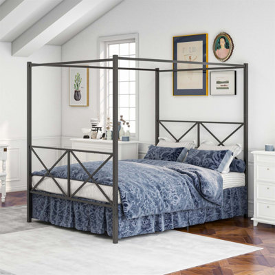 Sturdy Metal Canopy Bed Frame With X Shaped Design, Noise-Free And Ample Under-Bed Storage For Modern Bedrooms