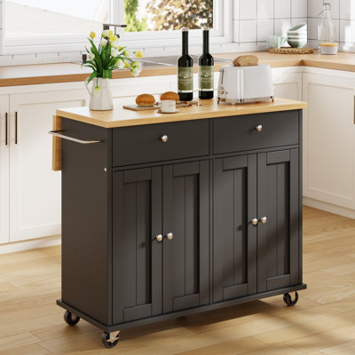 Chariot roulant pour îlot de cuisine avec plateau de boucher, tablettes de rangement et roulettes verrouillables