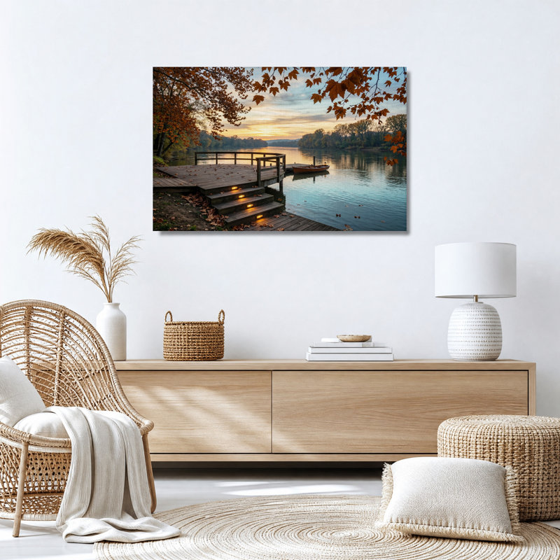 Tableau sur toile « Feuilles d'automne et quai en bois au coucher du soleil », H 24 po x l 36 po