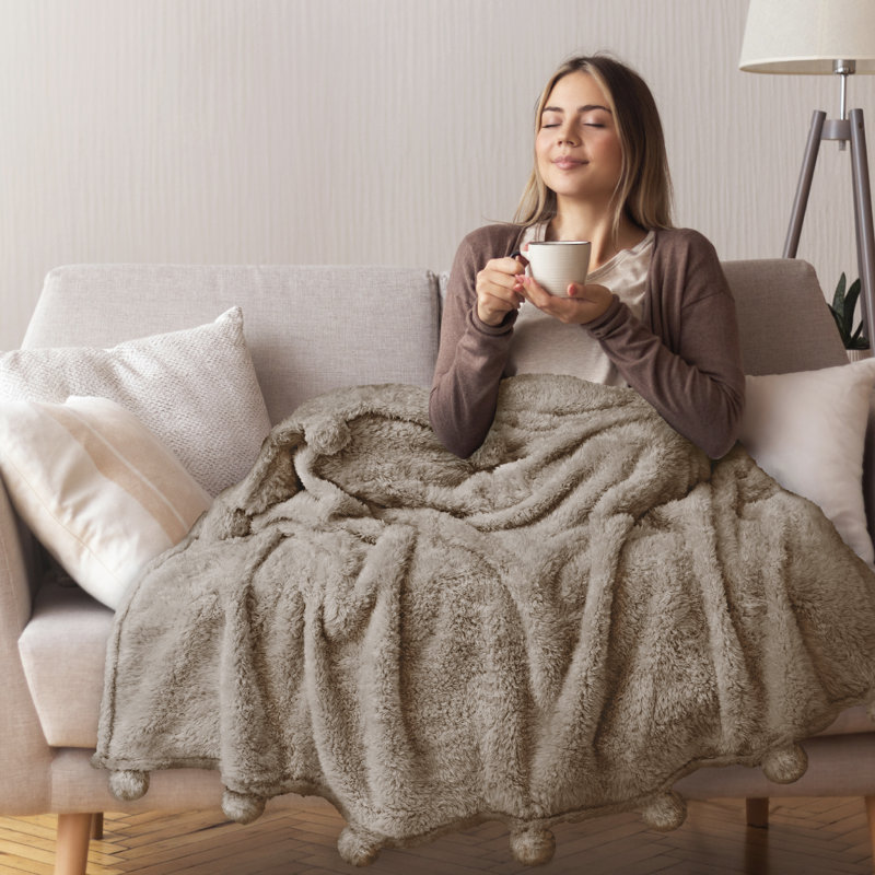 Twin Tan Taupe Sherpa Fleece Throw Blanket with Pom-Pom Fringe