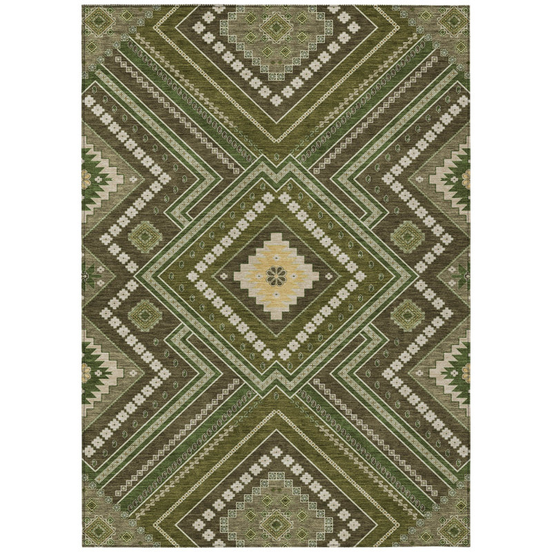 Tapis vert olive tribal intérieur lavable 5 pi x 8 pi