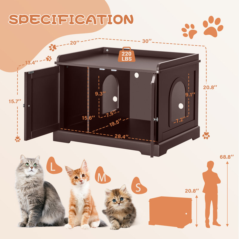 Enceinte de litière pour chat avec séparateur et porte spacieuse, Brun