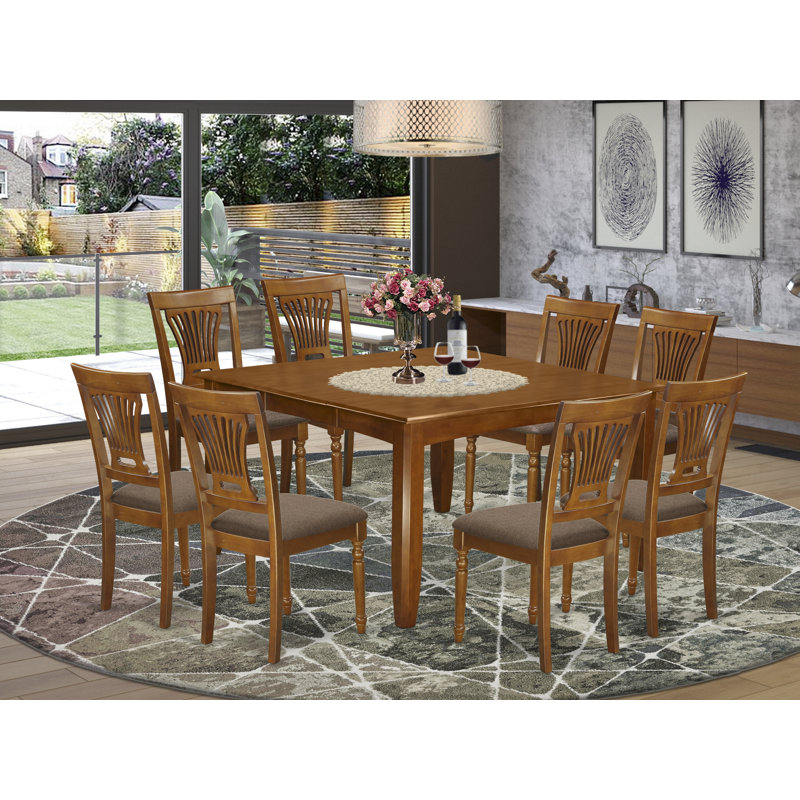 Ensemble de table de salle à manger 9 pièces comprenant une table carrée en bois avec rallonge papillon et 8 chaises de salle à manger en lin, brun selle