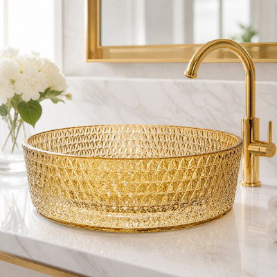 Scotch 16" Champagne Tempered Glass Round Vessel Bathroom Sink with Textured Glass Design - Timeless Collection