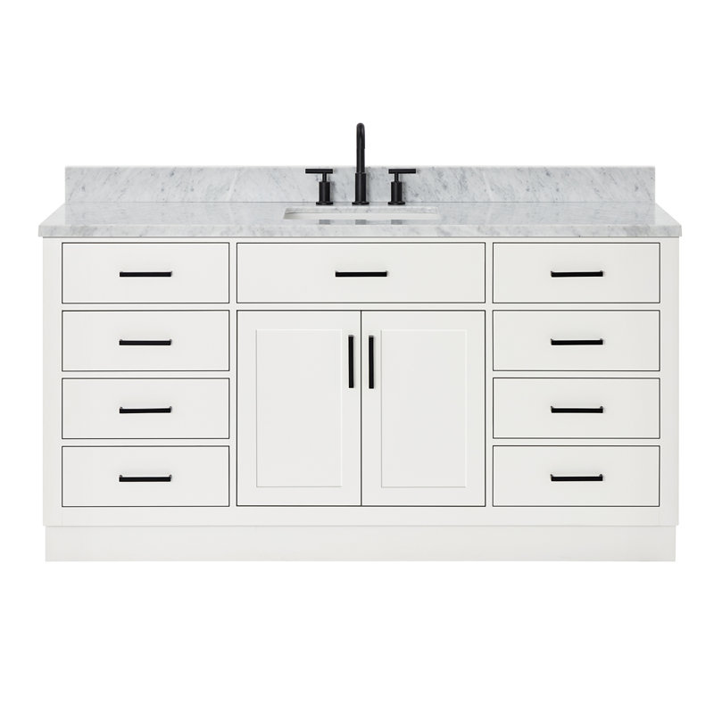 Jameal Solid Wood Single Bathroom Vanity with 0.75'' Carrara Marble Top, White, Rectangular