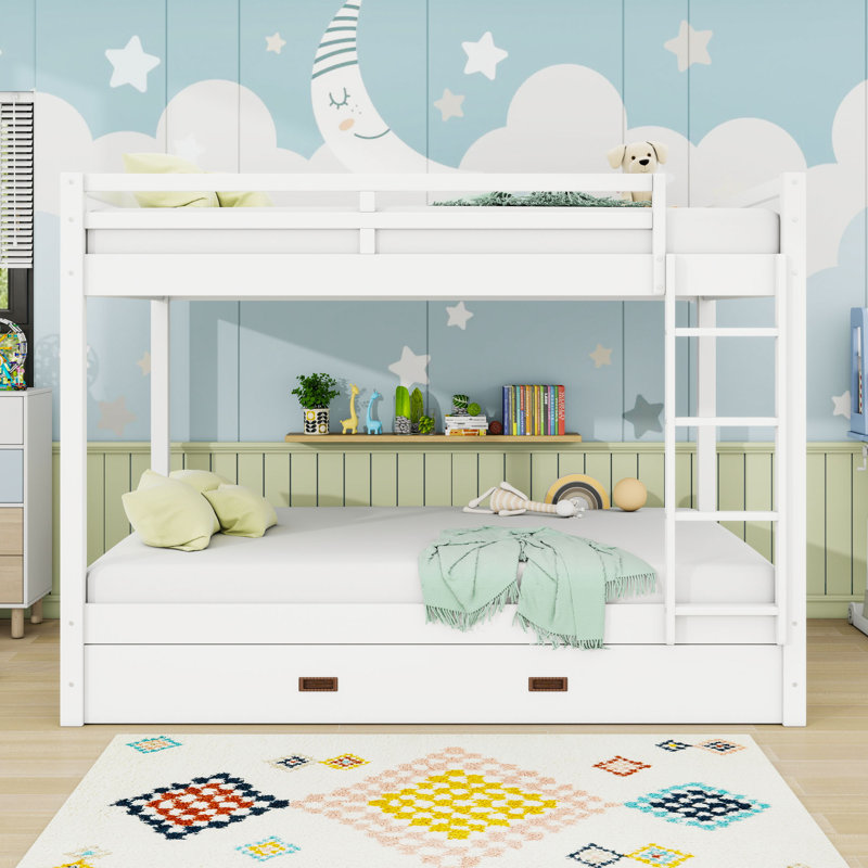 Queen Over Queen Wood Bunk Bed With Ladder And Twin XL Trundle, White