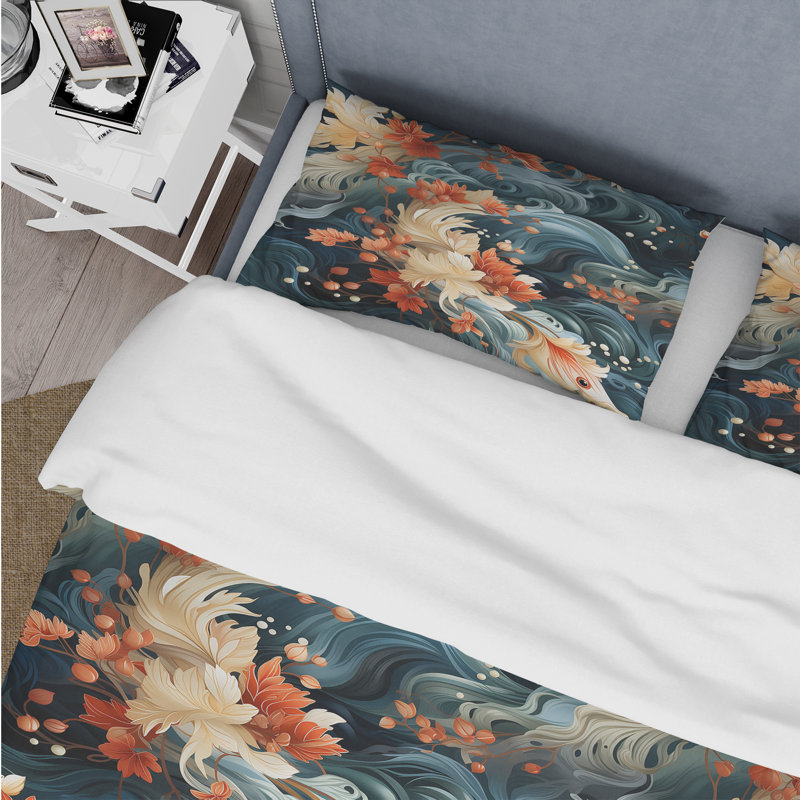 Ensemble de housse de couette Waves And Flowers, Housse de couette pour grand lit et 2 taies décor