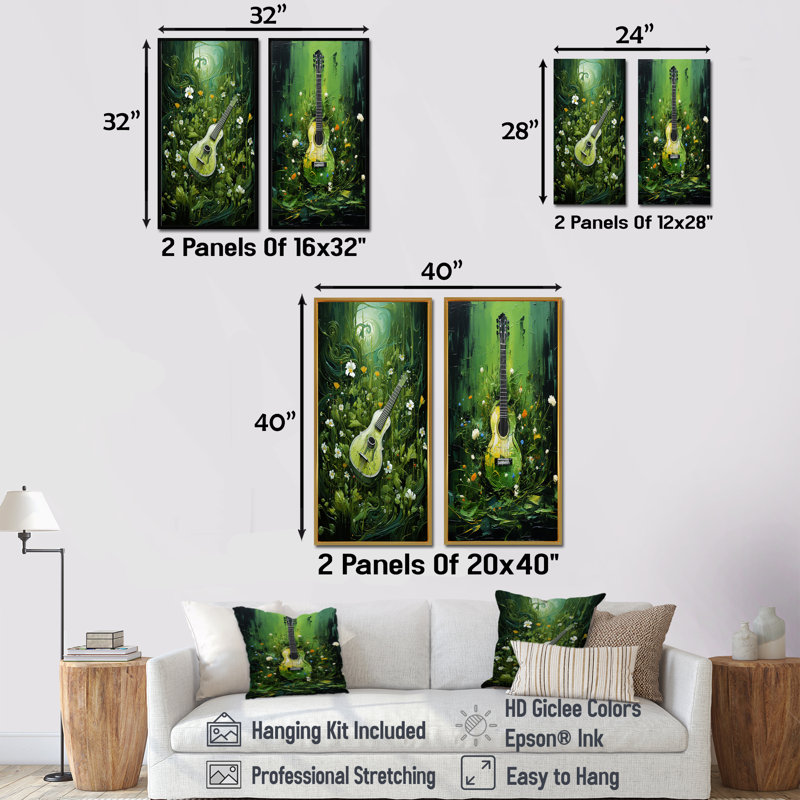 «Music Guitare Meadows Grass Green», ensemble de 2 reproductions d'art sur toile, Cadre blanc, H 28 po x l 25 po