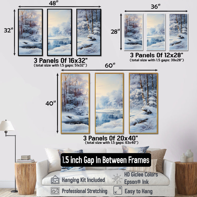 Winter River Window View II - Winter Landscape, art mural, H 28 po x l 36 po x P 1 po, Cadre flottant doré