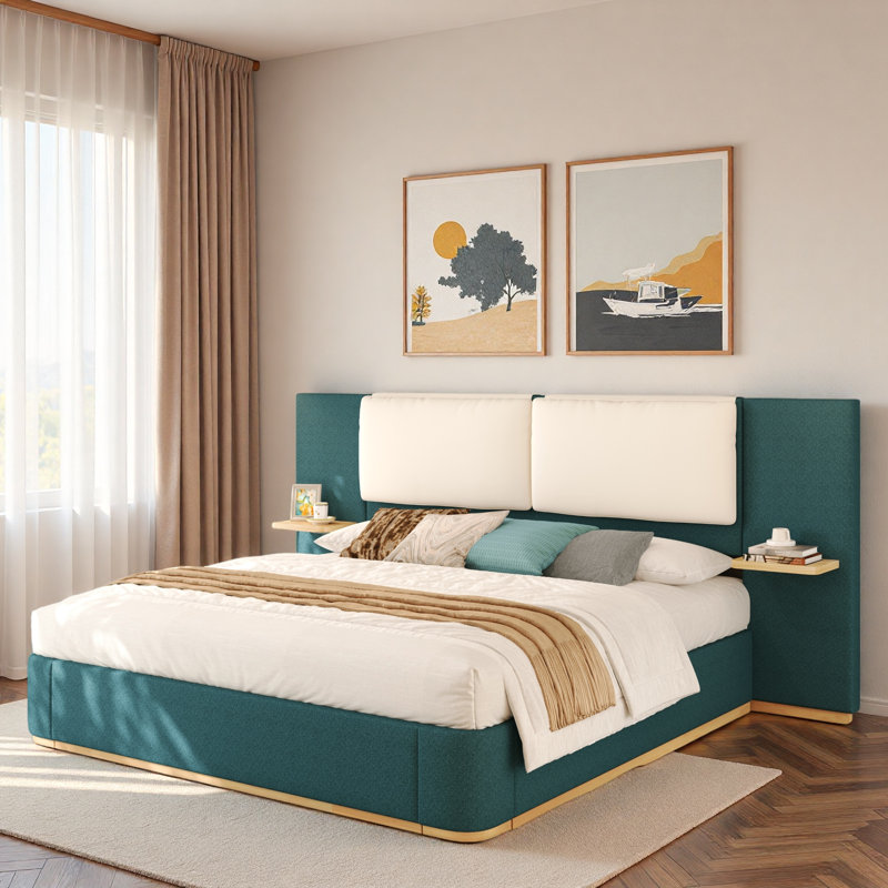Lit plateforme tapissier avec tablettes, Grand lit, Vert