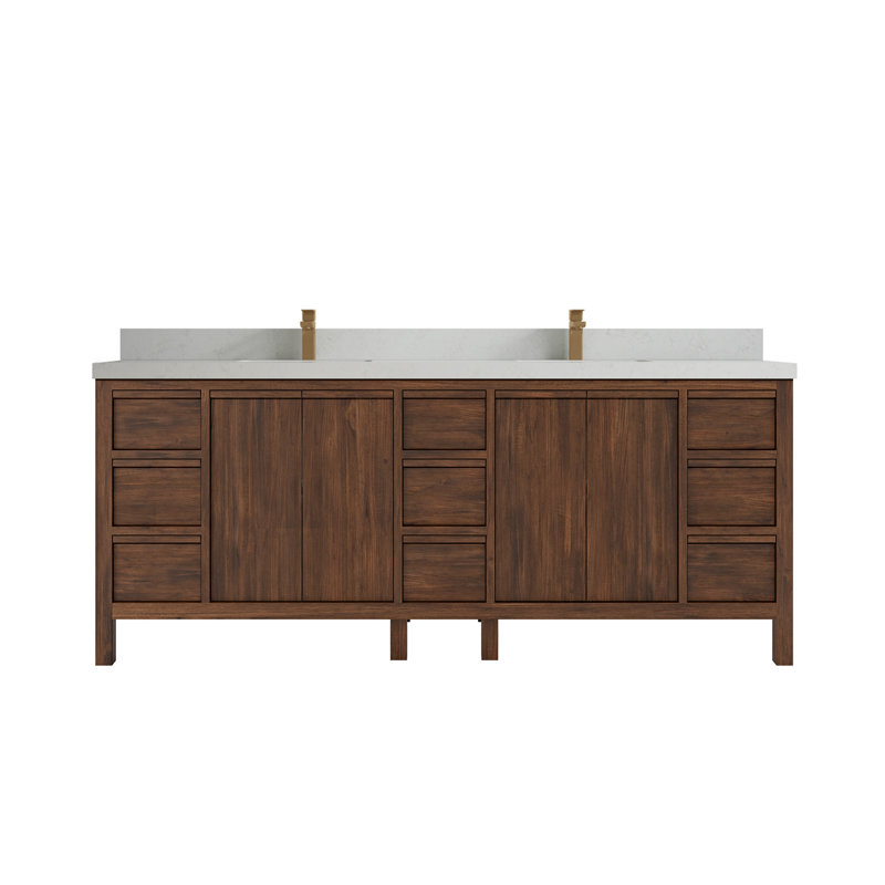 84'' Double Bathroom Vanity with Quartz Top, Carrara Quartz, Light Brown