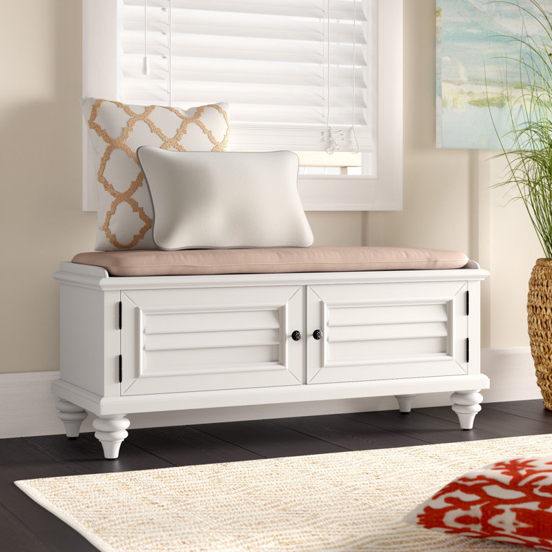 Banc de rangement en bois massif Delacour, Blanc brossé