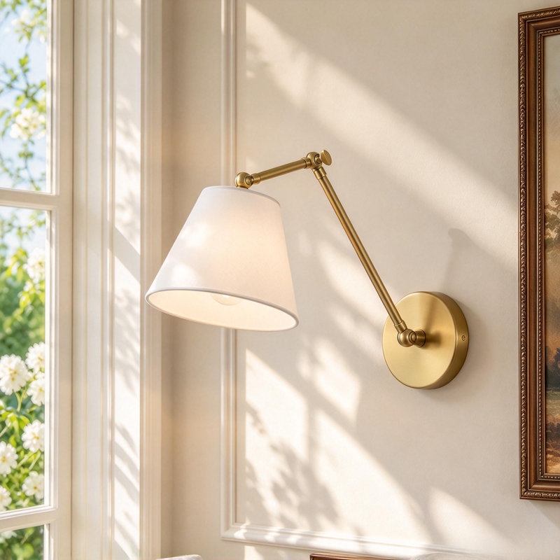 1-Light Plug-In Swing Arm Wall Sconce with White Fabric Shade and Brushed Gold Finish