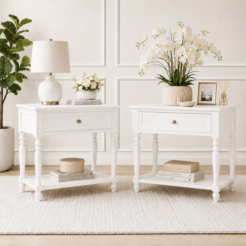 Solid Wood Nightstand Set Of 2 With Drawer, Open Shelf, 2 Power Outlets, 1 Usb Port, And 1 Type-c Port, White