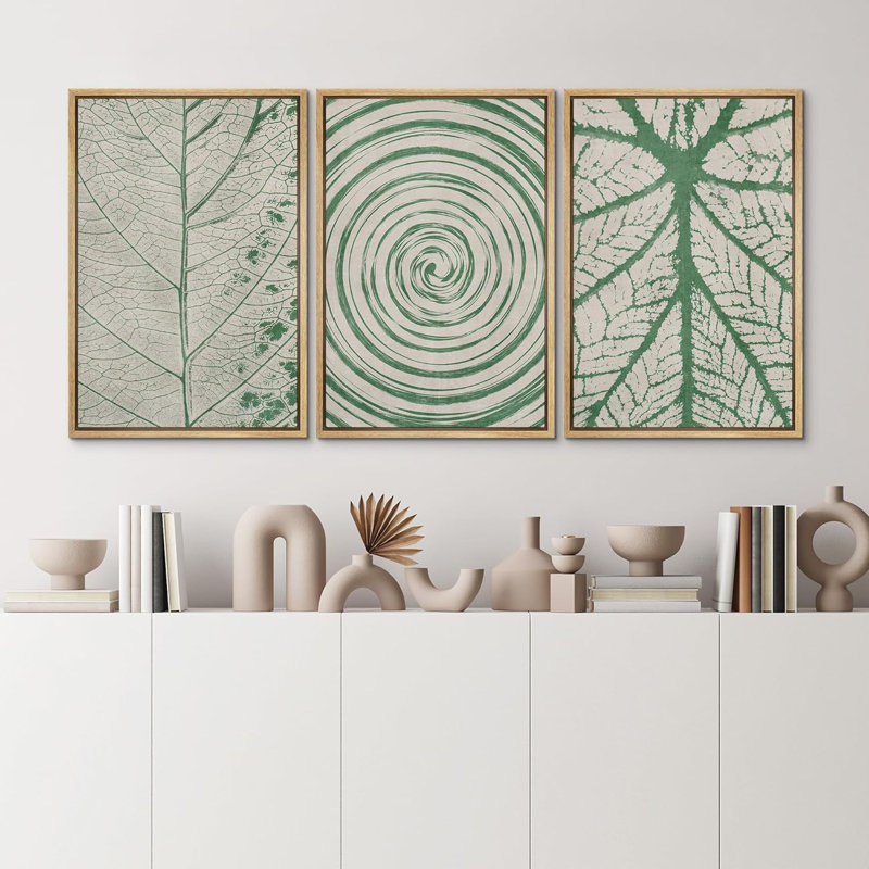 Abstrait botanique vert, feuilles blanches, 3 pièces, Naturel, H 24 po x l 16 po x P 1,5 po