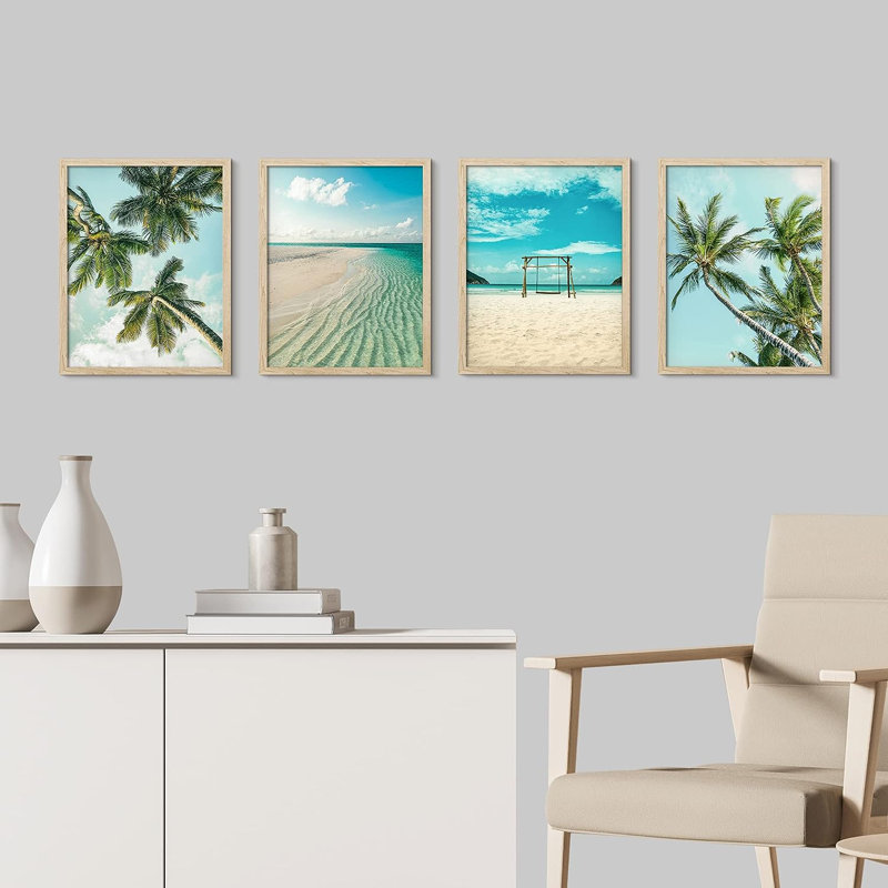 «Topical Teal Sky Palm Tree Beach Ocean Seaside», reproduction encadrée de 4 pièces, H 16 po x l 12 po x P 1 po