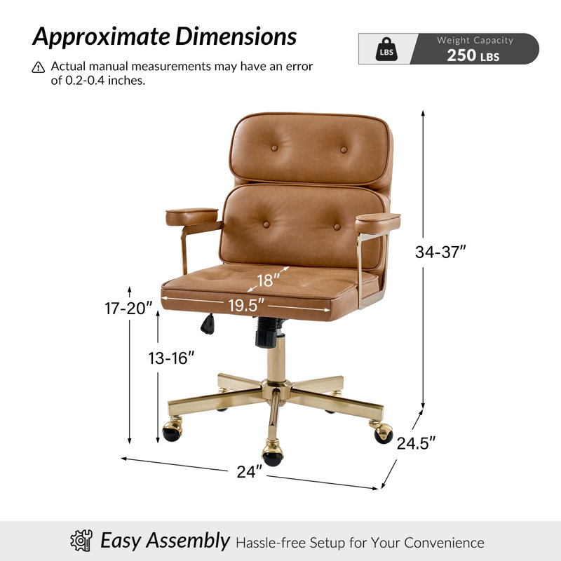 Debby 24" W Faux Leather Tilting Swivel Office Chair with Adjustable Height, Camel