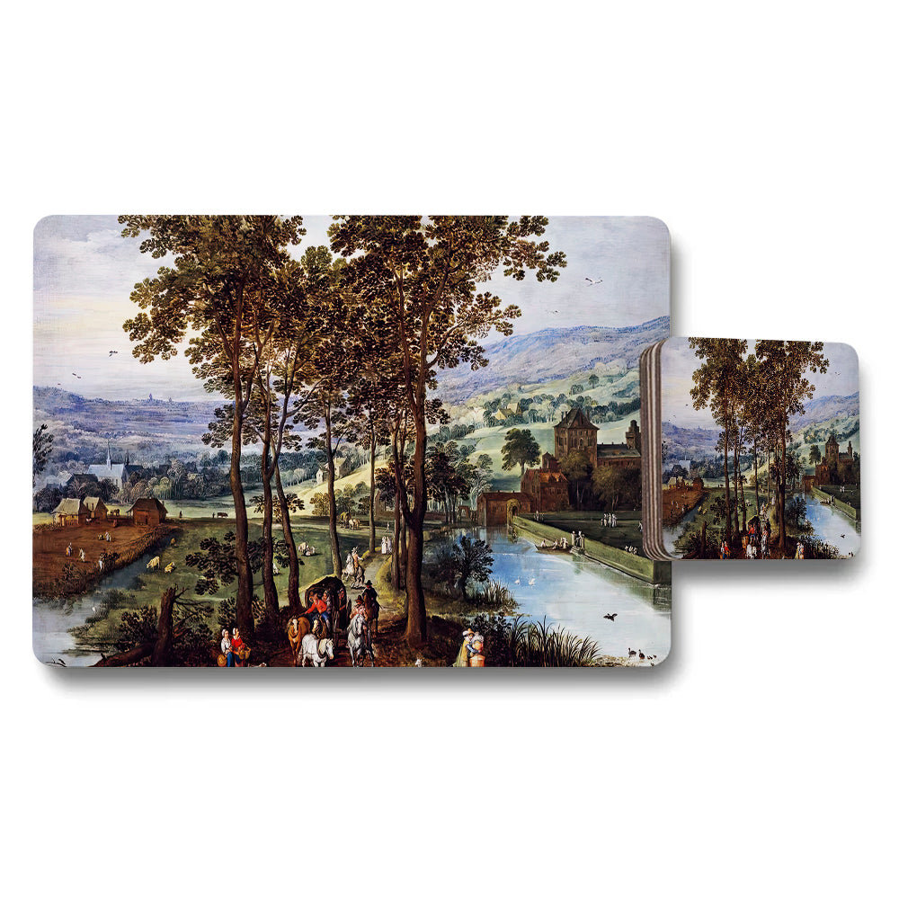 Landscape Artwork Placemat And Coaster Set With Scenic River View