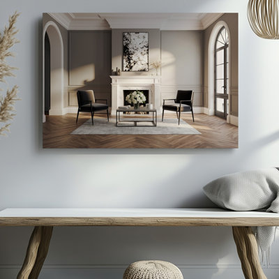 Toile, un chic salon moderne avec deux élégantes chaises noires placées autour d'une table basse élégante ornée d'une toile