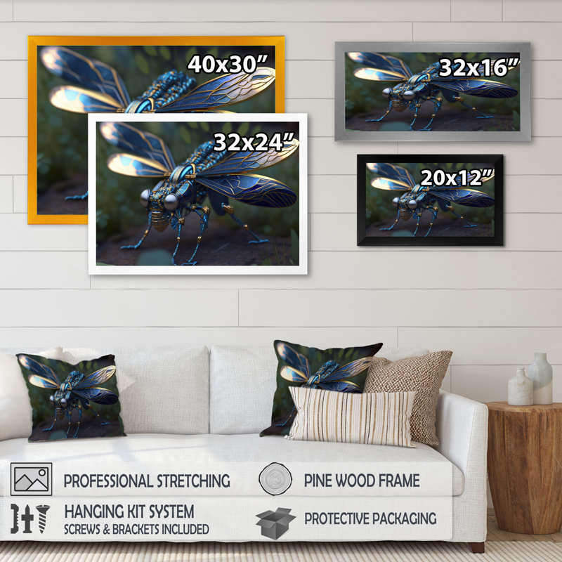 Décoration murale libellule cybernétique en bleu et or II - Libellule animaux, H 16 po x l 32 po x P 1 po