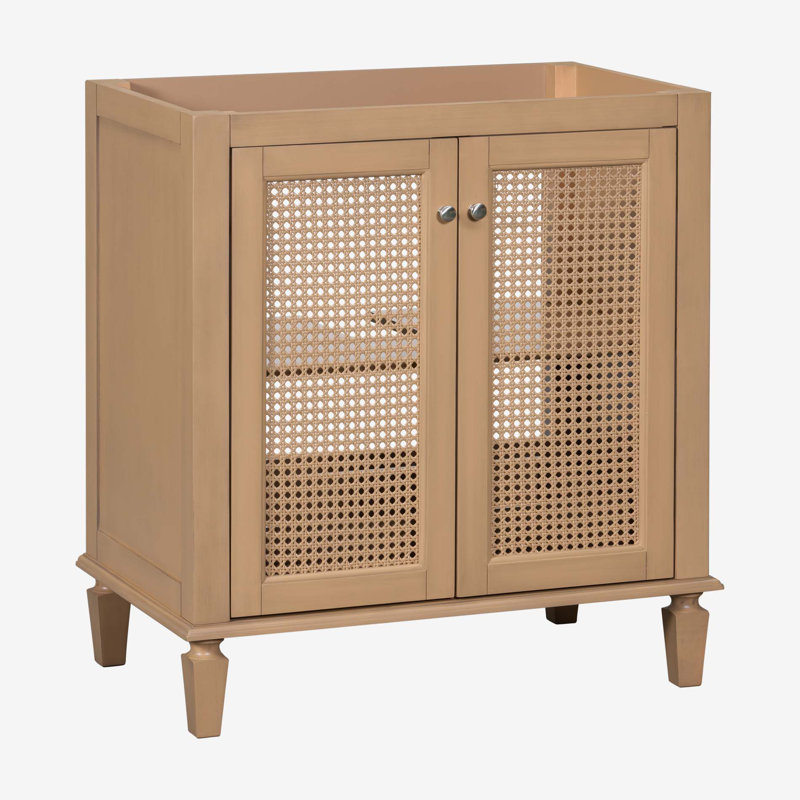 30 Inch Light Brown Wood Freestanding Bathroom Vanity with Cane Doors