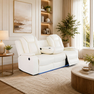 Modern White Faux Leather Power Reclining Sofa with LED Lighting, USB Charging, Pillow-Top Arms, Supportive Backrests, and Plush Cushioned 3-Seat Design