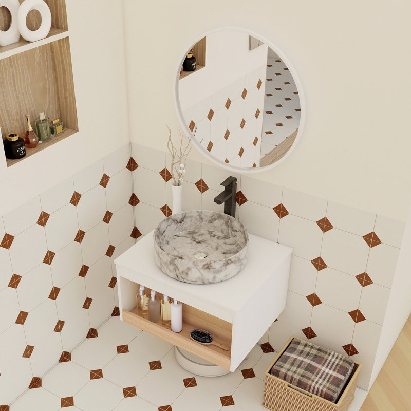 Meuble-lavabo flottant 24 po avec lavabo vasque en marbre veiné gris 24 po, meuble-lavabo mural avec tablette ouverte, finition blanche avec décor en bois, conception moderne peu encombrante (livré dans 2 boîtes)