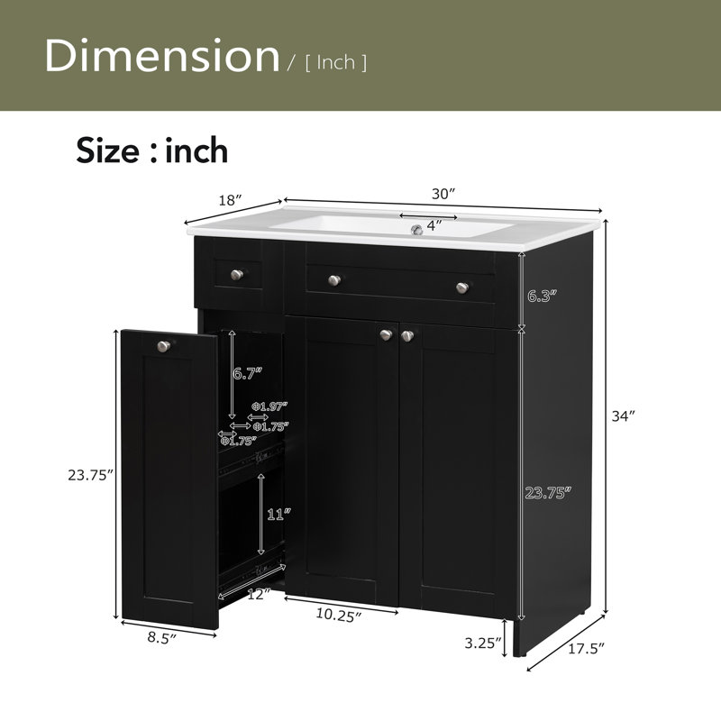 Meuble-lavabo noir 30 po avec lavabo en céramique