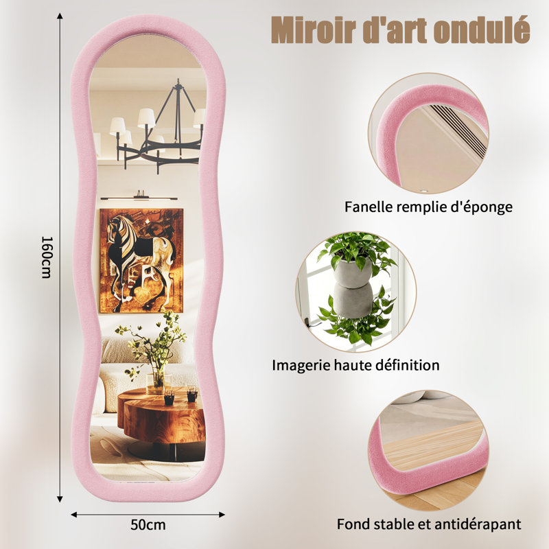 Fabric Leaning and Freestanding Full Length Mirror, Pink, Wavy