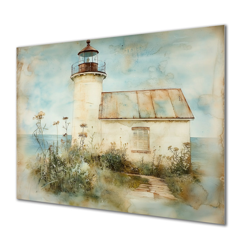Calm, aquarelle, phare, jardin à la plage - phares, reproduction d'art métallique, 30" H x 40" W