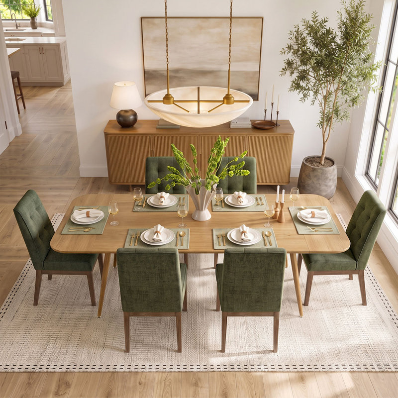 Ensemble de table de salle à manger pour 6 personnes avec table extensible et 6 chaises rembourrées en tissu, Vert