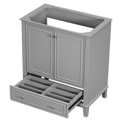 Base de meuble de salle de bain grise, style moderne avec bois massif et tablette multifonctionnelle réglable, portes et tiroir, base de meuble-lavabo de 30 po en gris