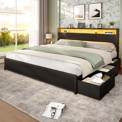 King Bed with 6 Drawers and Open Storage Headboard, Adjustable LED Light and Charging Station, No Box Spring Needed