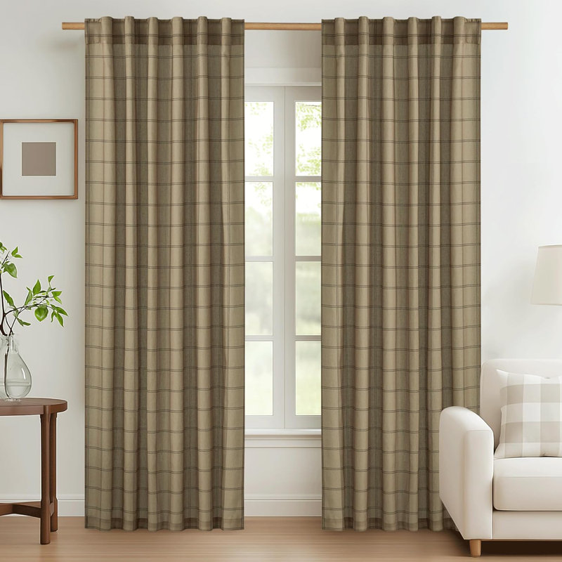 Linen Plaid Curtains Modern Window Panels Check Tartan Light Filtering Curtains for Living Room Bedroom, Rod Pocket Back Tab, 2 Panels
