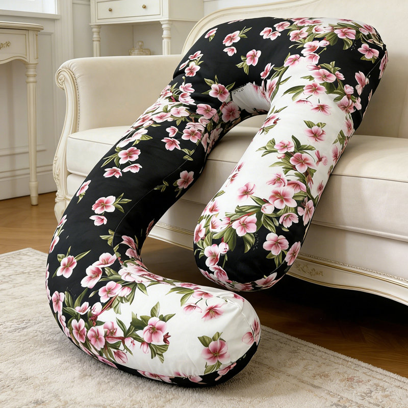 Très grand coussin de grossesse en forme de J, motif floral noir - Support ultime pour les dormeurs latéraux et soulagement de la maternité