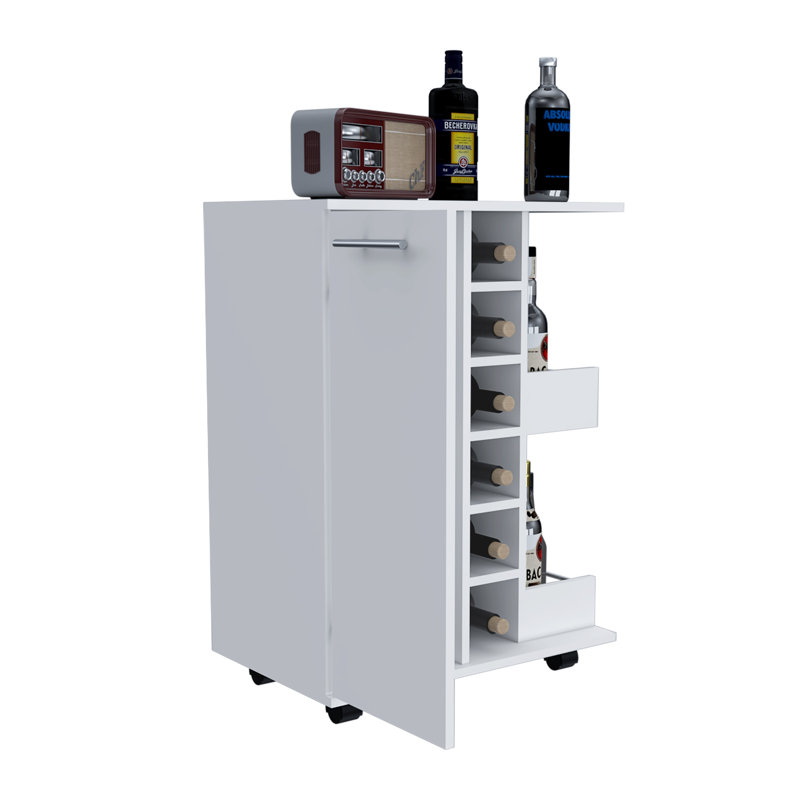 Chariot-bar moderne Tennessee avec armoire fermée et casiers à vin, unité de rangement en panneau de particules blanc