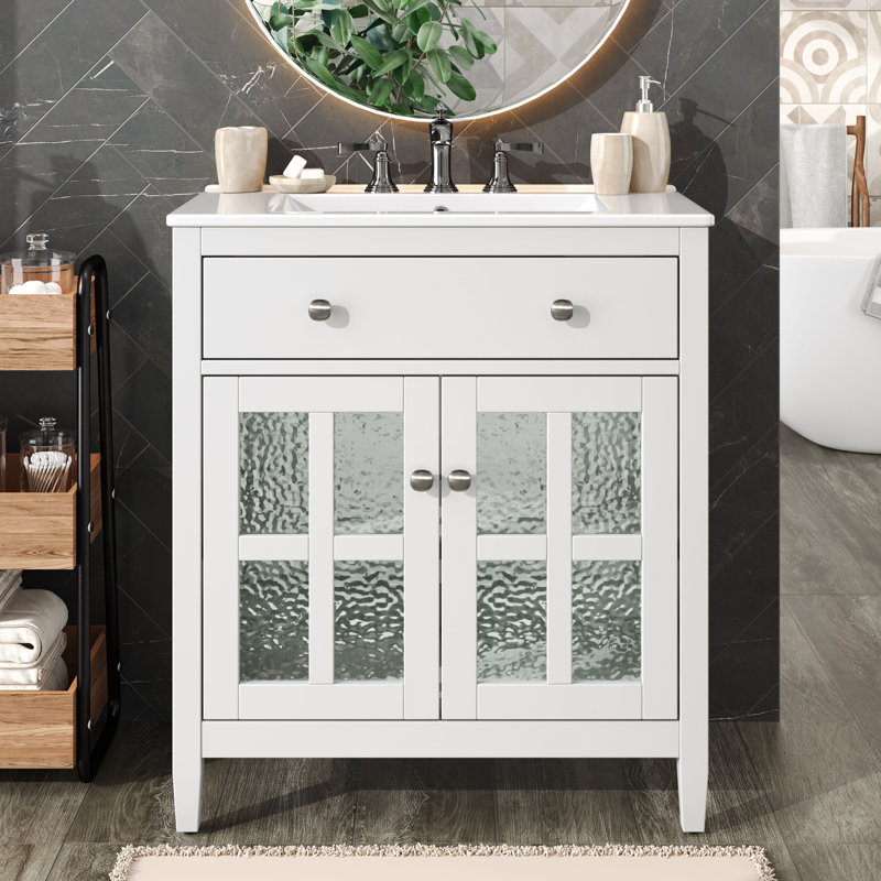 White 30" Bathroom Vanity with Ceramic Sink, Solid Wood Legs, Silver Knobs, Soft Close Hinges, Adjustable Shelf & Tip-Out Tray