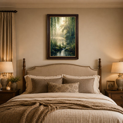 Sunlit Stream Flowing Through Mossy Rocks Under Hanging Willow Leaves Canvas Wall Art