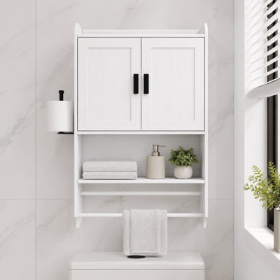 Armoire de rangement blanche pour salle de bain avec portes et porte-papier hygiénique