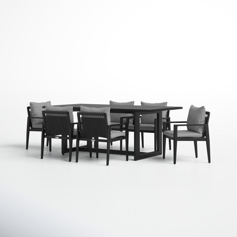 Trosclair 7 Piece Outdoor Patio Dining Table Set in Aluminum with Grey Cushions, 6