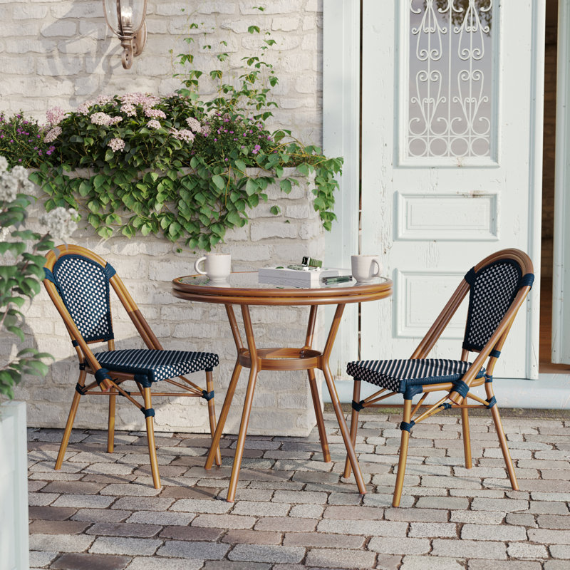 Rylan Indoor/Outdoor Commercial Bistro Set with Table and Two Chairs, Brown/Blue