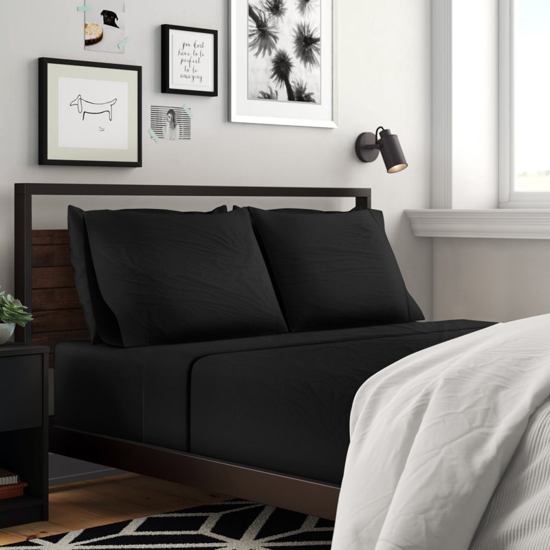 Ensemble de draps en microfibre brossée imitant le satin de coton et offrant une résistance au froissement et respirant, Noir