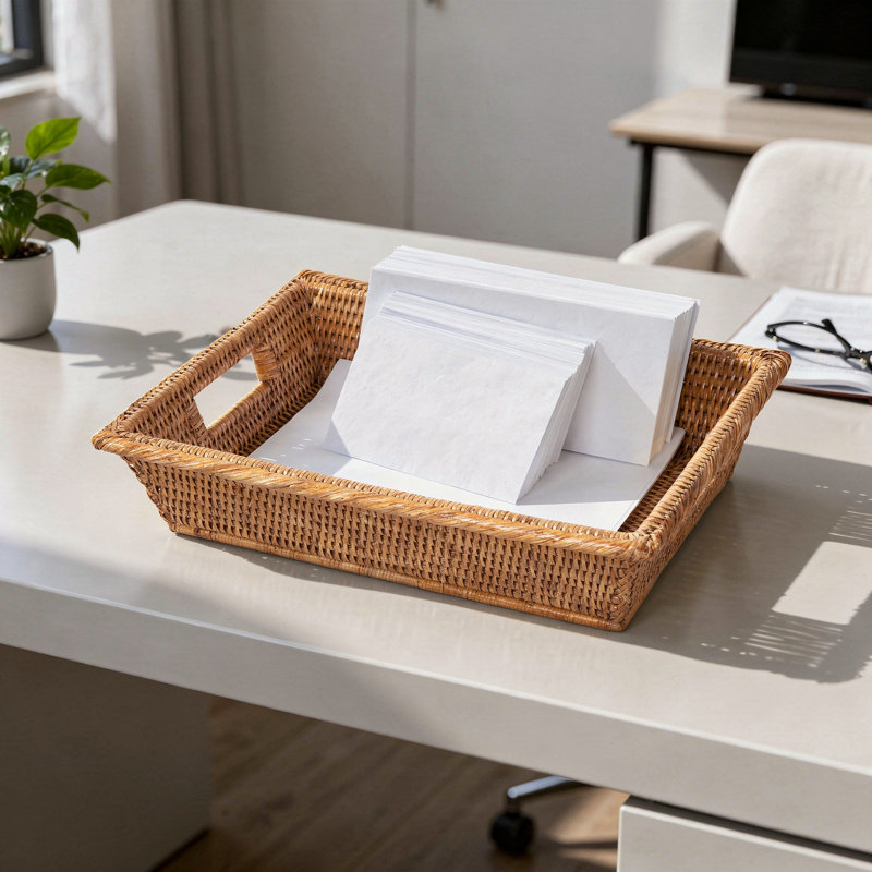 Bayou Breeze - La Jolla Rattan Multipurpose Desktop Office, Kitchen, Cabinet Tray, Large, 2 oz, Brown