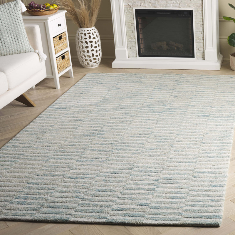 Hudsynn Ebony Hand Tufted Wool Cotton Striped Rug in Dark Green/Light Green, Rectangle 5' x 8'